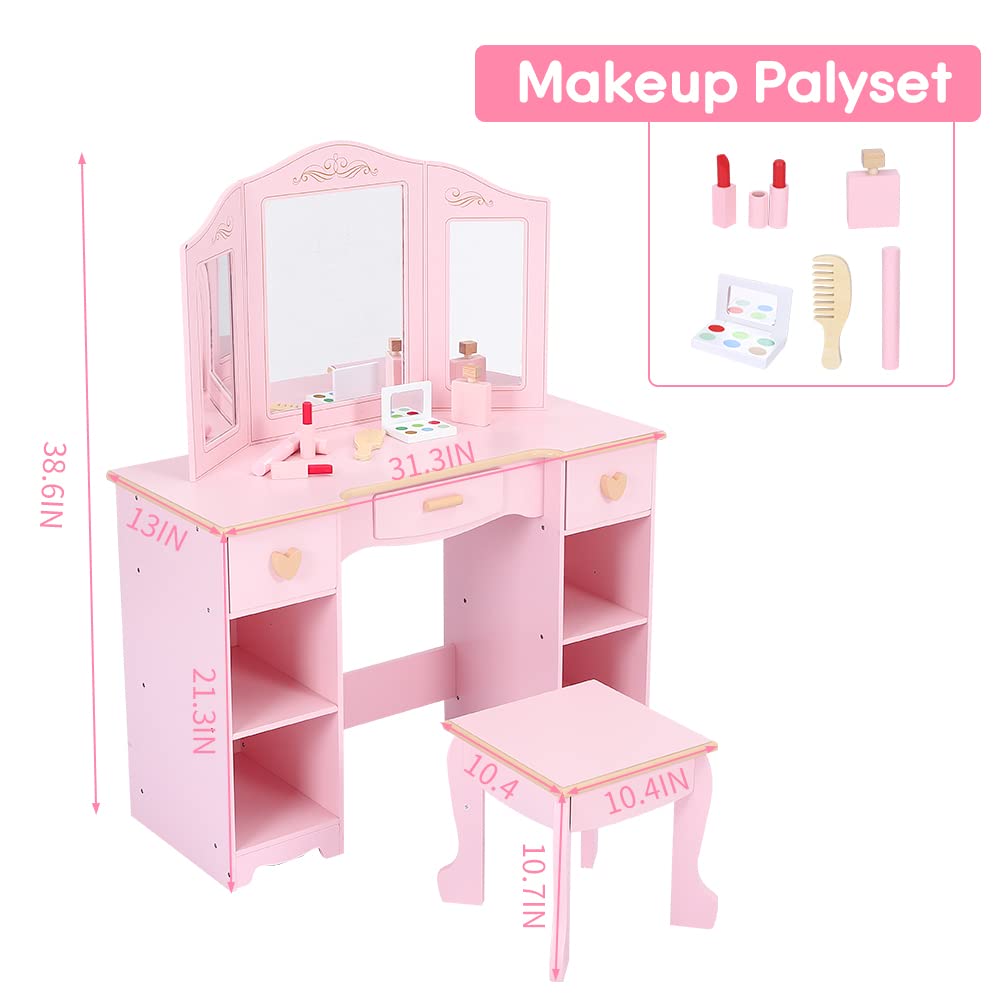 EGFheal Kids Vanity Set with Mirror and Drawer - Girls' Vanity Table and Chair Set with Wood Makeup Playset, Perfect for 3-9 Yr, Pink, PINK102PA