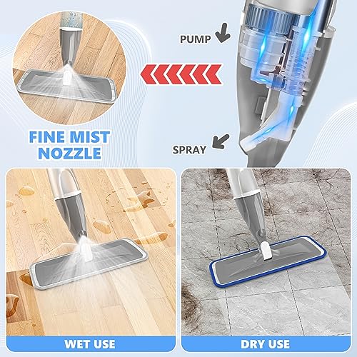 Spray Mops for Floor Cleaning Microfiber Floor Mop for Hardwood Floors Wet Dust Mop Flat Mop Floor Cleaner Mop with 4 Washable Pads 440 Ml Refillable Bottle for Wood Floor Tile Laminate Vinyl Kitchen