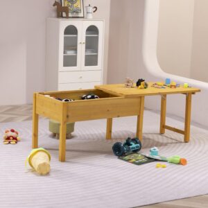 BIRASIL Wooden Kids Sensory Tables with Folding Lid, Activity Table for Children, Elevated Play Tables with Storage for Indoor Outdoor, Yellow