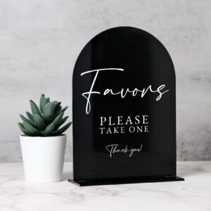 acrylic favors sign with stand- 5"x7" black arched acrylic wedding sign and base,1/8" thick | modern calligraphy arch acrylic tabletop sign for wedding reception & event party table