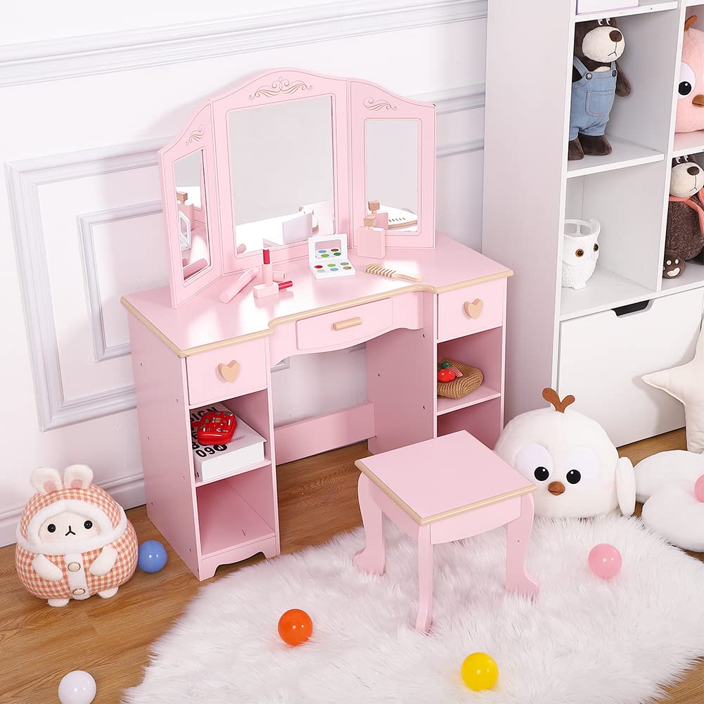 EGFheal Kids Vanity Set with Mirror and Drawer - Girls' Vanity Table and Chair Set with Wood Makeup Playset, Perfect for 3-9 Yr, Pink, PINK102PA