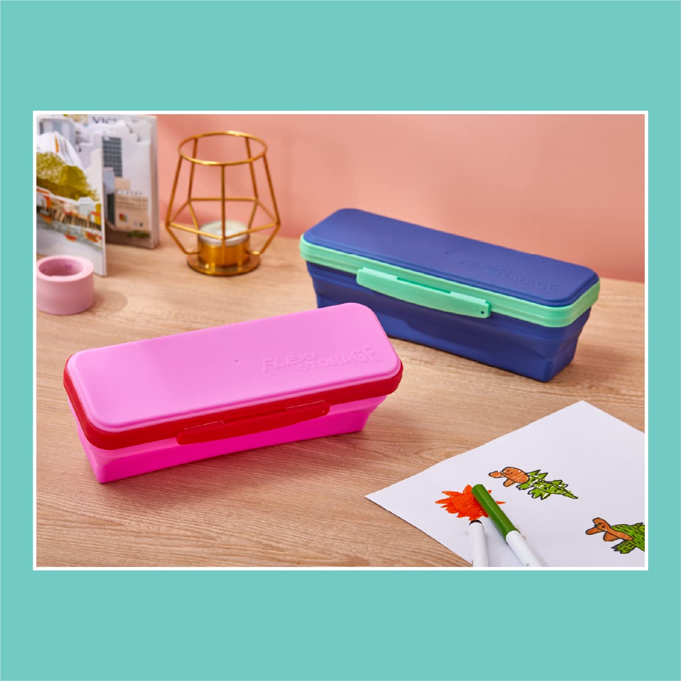 It's Academic Flexi Storage Box with Lid, Compact and Collapsible Pencil Case Design for Craft and School Supplies, Pink and Blue, 2 Pack