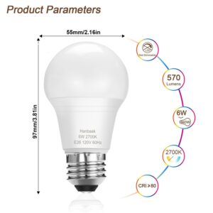 Hanbaak E26 LED Bulb, 40W Equivalent Light Bulb, 6W Medium Base Bulb, Non-Dimmable, Soft White 2700K, 4 Packs