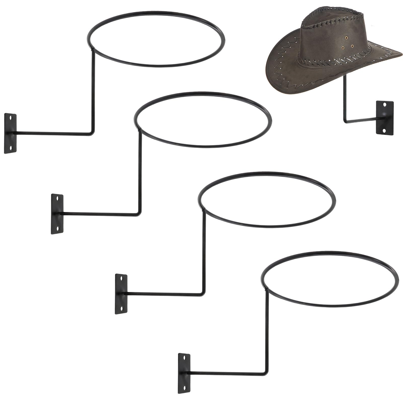 TiciKim Pack of 4 Metal Hat Holder Wall Mounted Cowboy Hat Rack Hat Hanger for Wall Display, Cowboy Hat Holder Organizer Multifunctional Organizer Display Rack for Cowboy Hat, Cap, Wigs (Black)