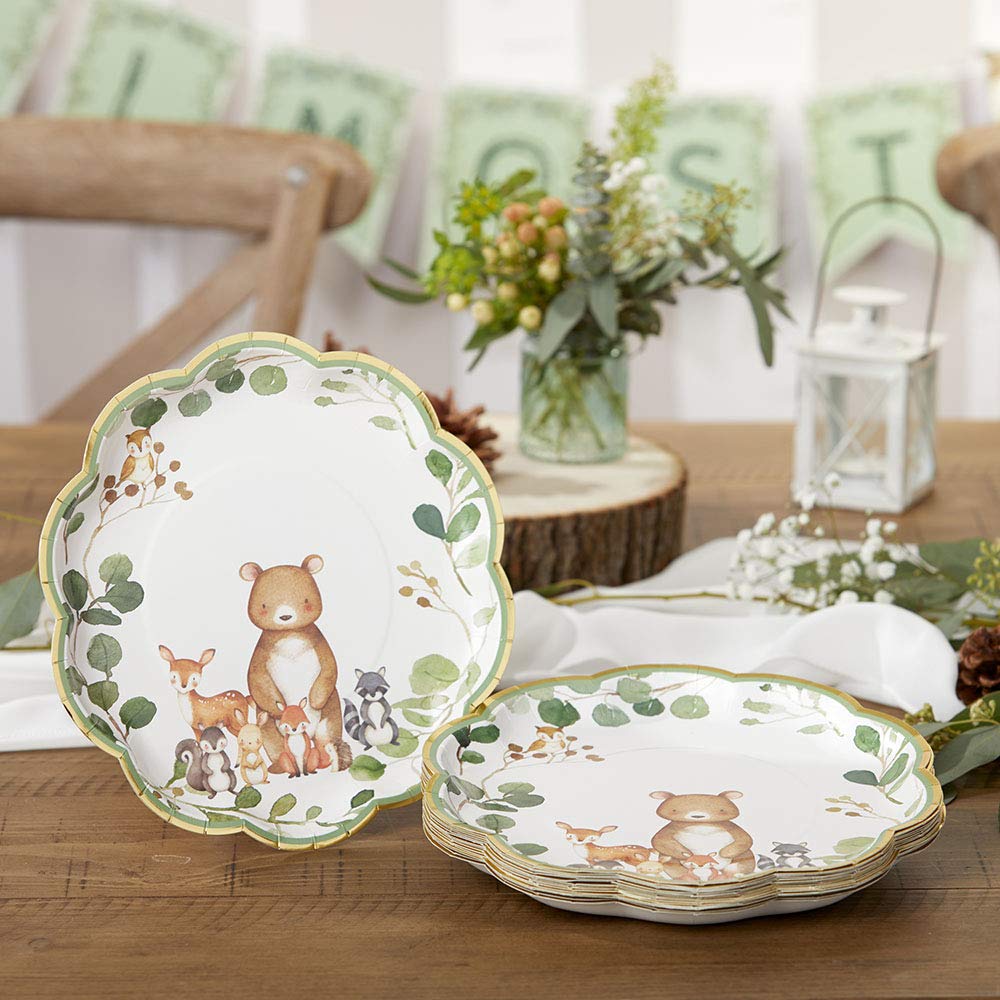 Kate Aspen 62 Piece Woodland Baby Shower Tableware Party Kit - 7 inch (16x) & 9 inch (16x) Heavy Duty Disposable Plates, Durable Paper Napkins (30x)