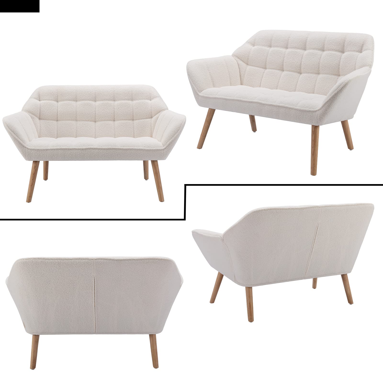 Guyou Small Loveseat for Bedroom 2-Seat Mini Sofa Couch with Wingback and Wood Legs for Living Room Apartment Small Space Fluffy Love Seat, White Sherpa