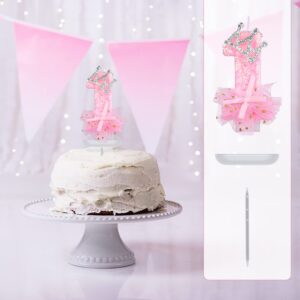 Birthday Number Candles, 2.95 Inch Crown Bow Mesh Candle Glitter Pink Number Candles Cake Topper Birthday Candles with Sequins for Anniversary Celebrations Supplies (Number 1)