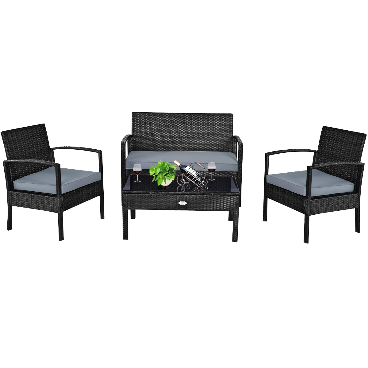 COSTWAY 4PCS Patio Rattan Furniture Set, Outdoor Wicker Conversation Set with Tempered Glass Coffee Table, Seat Cushions, Ideal for Poolside Balcony Porch Backyard