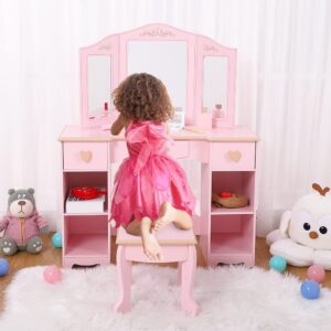 EGFheal Kids Vanity Set with Mirror and Drawer - Girls' Vanity Table and Chair Set with Wood Makeup Playset, Perfect for 3-9 Yr, Pink, PINK102PA