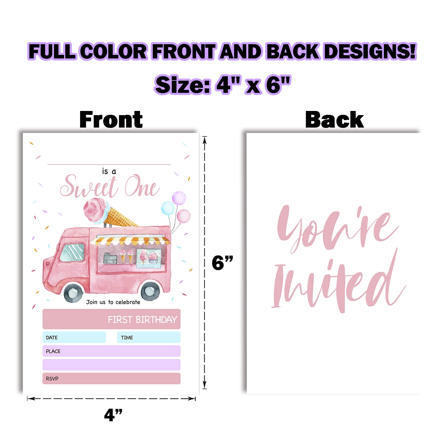 Ice Cream Truck Birthday Party Invitations is a Sweet One 1st Birthday Party Invitation, Summer Ice Cream Theme Fill in Invites Cards, Birthday Party Supplies, 20 Invitations with Envelopes - JY700