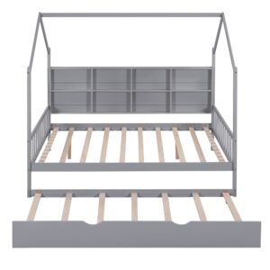 House Bed with Trundle and Storage Shelves, Montessori Bed Full Size Platform Bed Frame with Roof, Tent Bed, Solid Wood Playhouse Bed for Kids Teens Girls Boys (Full Size, Gray)