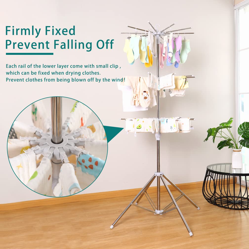 Hershii 3 Tiers Clothes Drying Rack Collapsible Indoor Outdoor Garment Airer Stand Folding Laundry Hanger Organizer Space Saving with Towels Bars and Clothespins, 43.3-66.92inches High