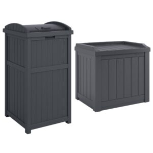 suncast 22-gallon outdoor patio backyard deck box storage bench and 30-gallon hideaway trash waste bin with latching lid, cyberspace