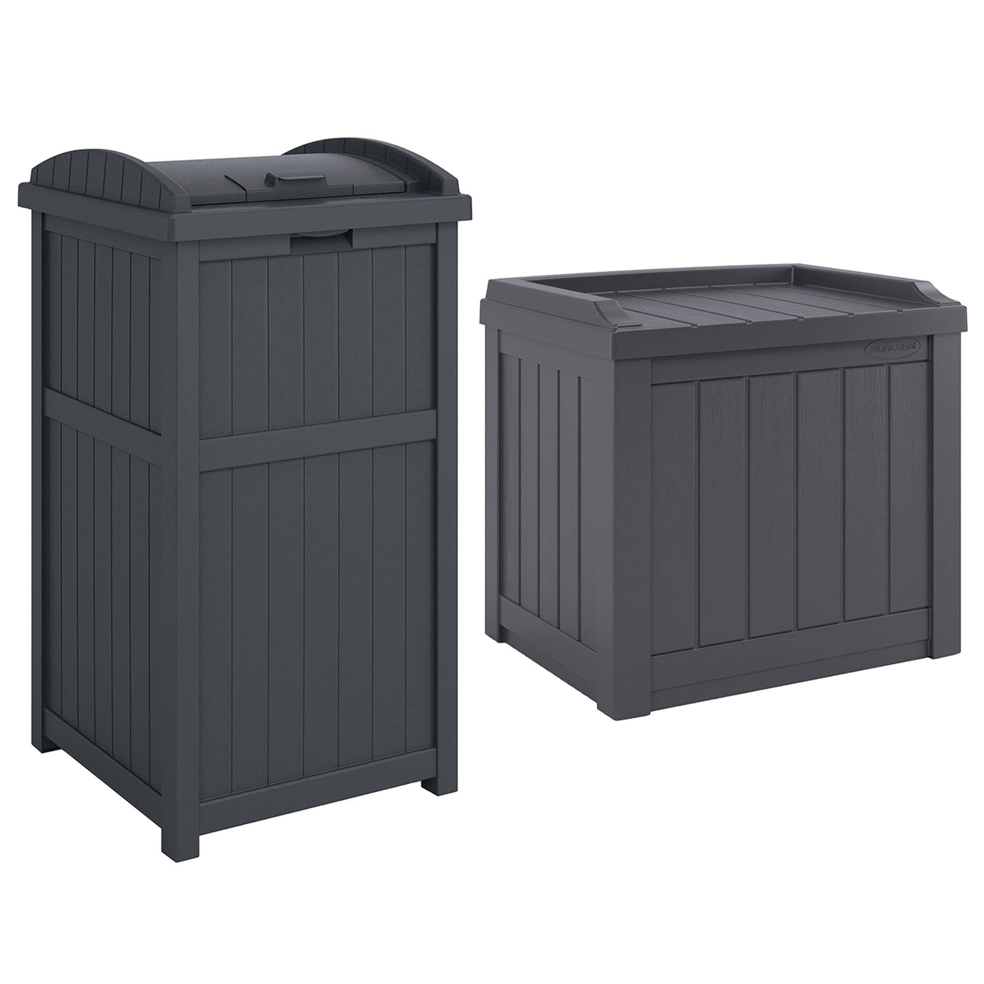 Suncast 22-Gallon Outdoor Patio Backyard Deck Box Storage Bench and 30-Gallon Hideaway Trash Waste Bin with Latching Lid, Cyberspace