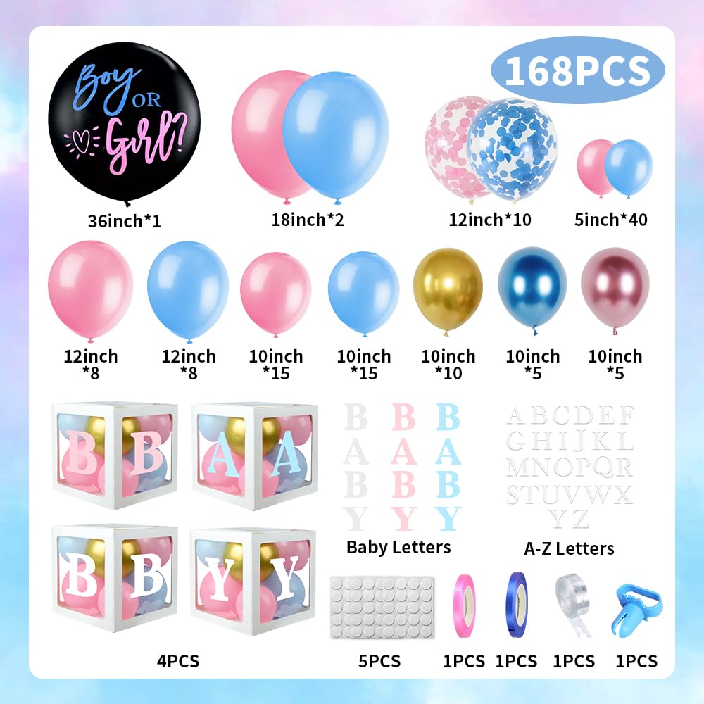 KISPATTI 168pcs Baby Boxes Gender Reveal Balloon Decorations, Pink and Blue Balloon Garland Arch Kit Baby Boxes with A-Z+Baby Letters for Baby Shower 1st Bday Boy or Girl Gender Reveal Party Supplies