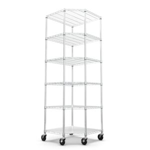 pouseayar 6-tier nsf metal corner shelf wire shelving unit - 2100lbs capacity, adjustable storage rack, with leveling feet/wheels and shelf liners - 27" l x 27" d x 82" h - pentagonal-shape - chrome