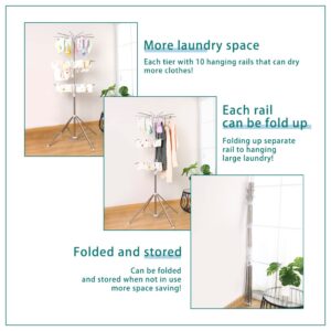 Hershii 3 Tiers Clothes Drying Rack Collapsible Indoor Outdoor Garment Airer Stand Folding Laundry Hanger Organizer Space Saving with Towels Bars and Clothespins, 43.3-66.92inches High