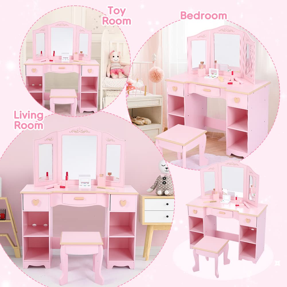 EGFheal Kids Vanity Set with Mirror and Drawer - Girls' Vanity Table and Chair Set with Wood Makeup Playset, Perfect for 3-9 Yr, Pink, PINK102PA