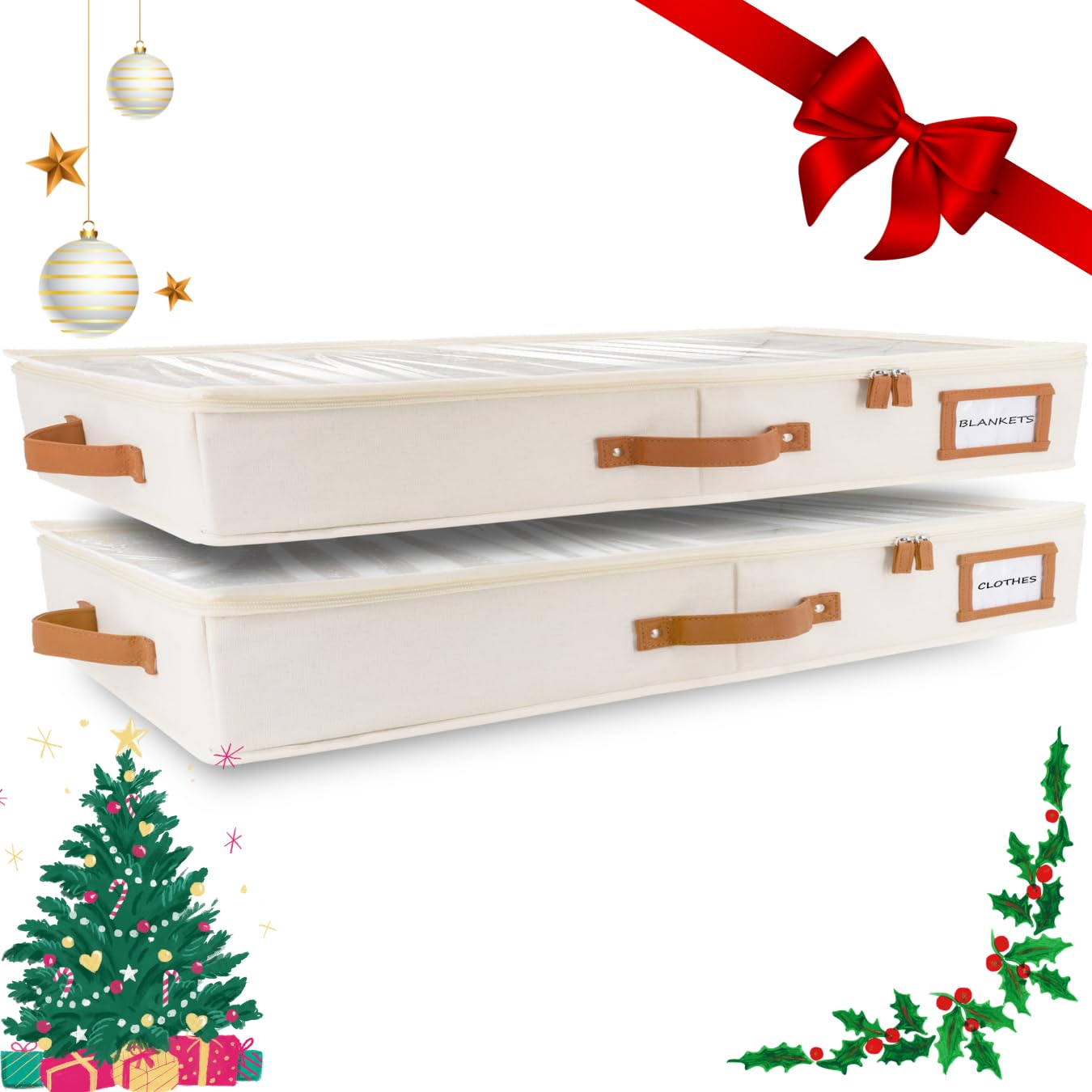 HOMELUX THEORY 2pc Low Profile Under Bed Storage Containers, Thin Under Couch Storage Organizer with Bins & Lids, Underbed Storage Box Ideal for Seasonal Clothes, Blankets, Fabric & Shoes (Ivory)