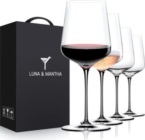 luna & mantha wine glasses set of 4, 15 oz hand blown crystal red wine glasses, white modern wine glasses with stem, ideal gift for wine set, toasting at weddings or birthdays