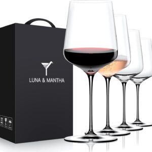 LUNA & MANTHA Wine Glasses Set of 4, 15 oz Hand Blown Crystal Red Wine Glasses, White Modern Wine Glasses with Stem, Ideal Gift for wine Set, Toasting at Weddings or Birthdays