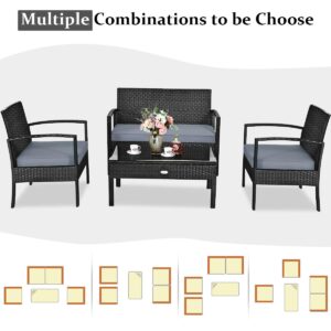 COSTWAY 4PCS Patio Rattan Furniture Set, Outdoor Wicker Conversation Set with Tempered Glass Coffee Table, Seat Cushions, Ideal for Poolside Balcony Porch Backyard