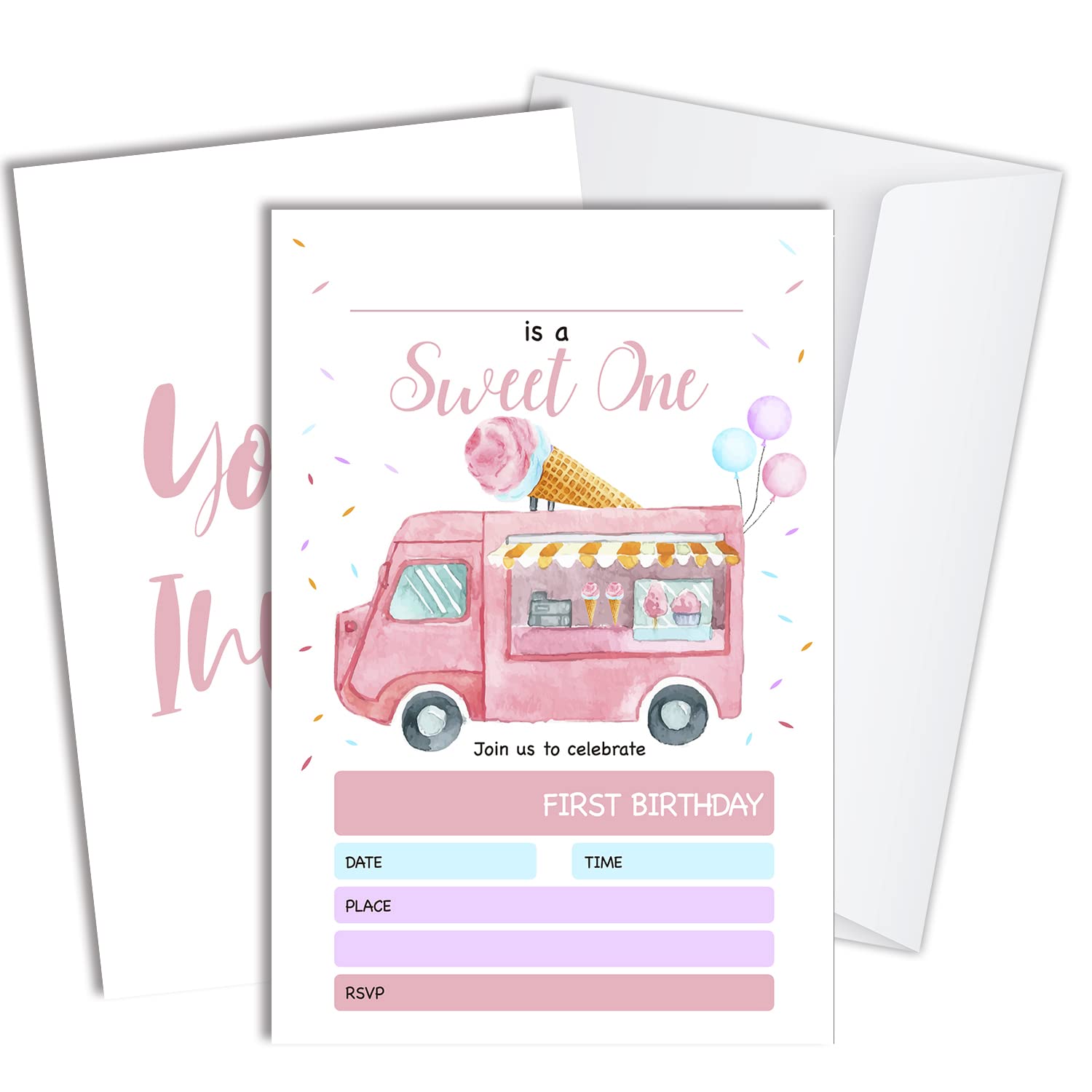 Ice Cream Truck Birthday Party Invitations is a Sweet One 1st Birthday Party Invitation, Summer Ice Cream Theme Fill in Invites Cards, Birthday Party Supplies, 20 Invitations with Envelopes - JY700