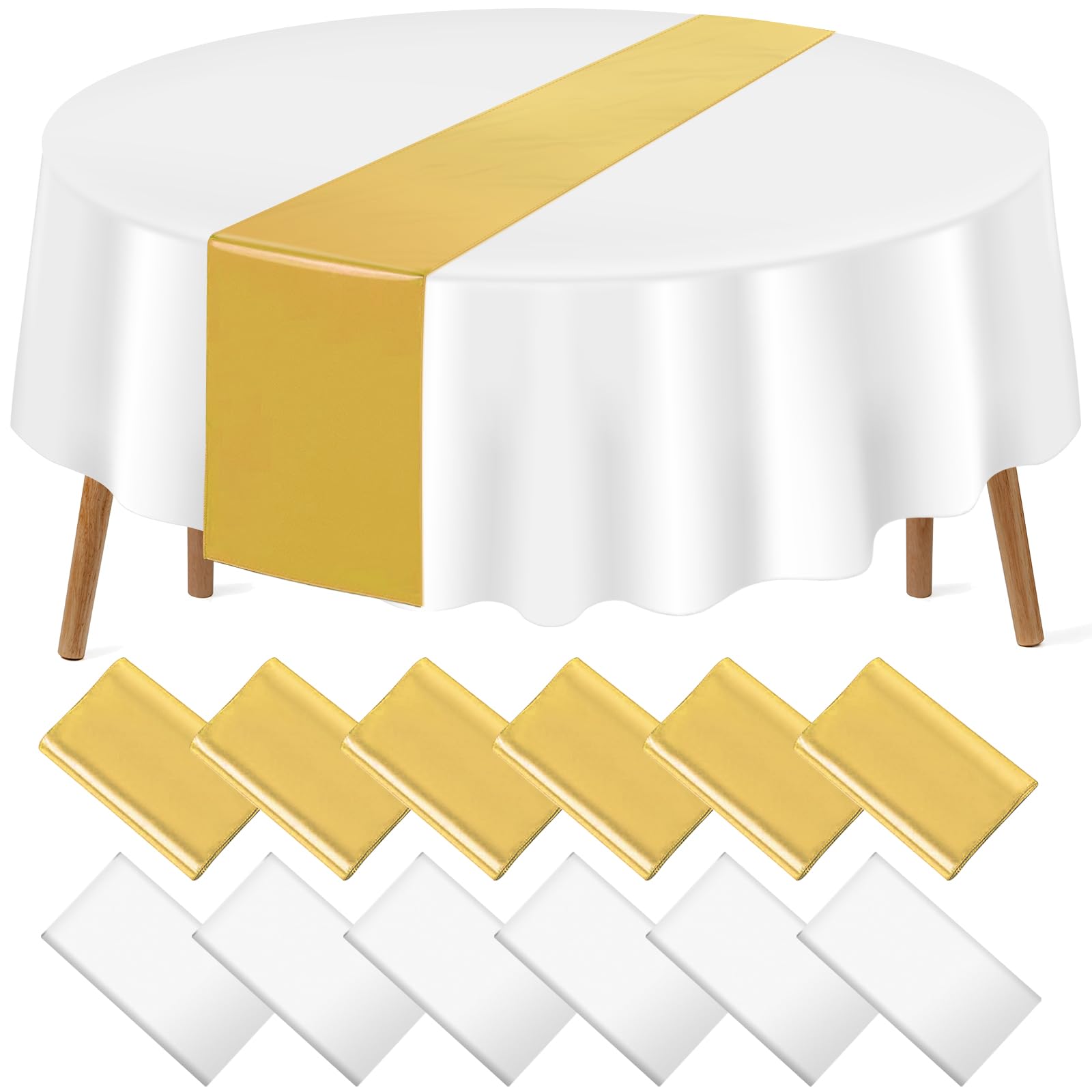 12 Pack 12x108 Inch Satin Table Runner and 84 Inch Round Plastic Tablecloths Set White and Gold Disposable Round Table Cover for Graduation Wedding Bridal Shower Anniversary Birthday Party Decorations