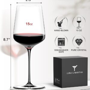 LUNA & MANTHA Wine Glasses Set of 4, 15 oz Hand Blown Crystal Red Wine Glasses, White Modern Wine Glasses with Stem, Ideal Gift for wine Set, Toasting at Weddings or Birthdays