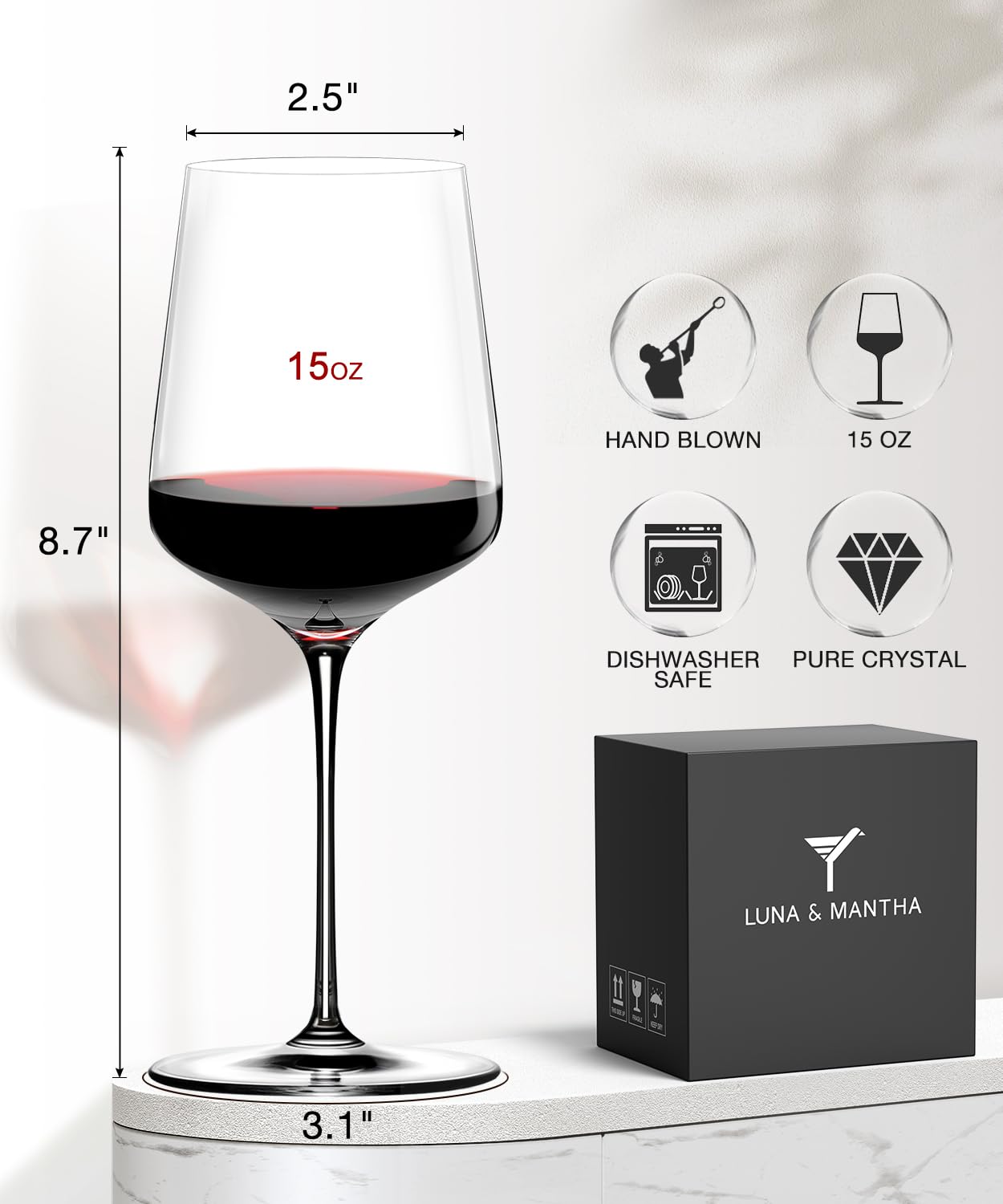 LUNA & MANTHA Wine Glasses Set of 4, 15 oz Hand Blown Crystal Red Wine Glasses, White Modern Wine Glasses with Stem, Ideal Gift for wine Set, Toasting at Weddings or Birthdays