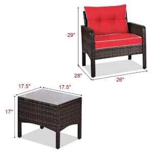 COSTWAY 3PCS Patio Furniture Set, Outdoor Wicker Cushioned Sofa Set with Coffee Table, All Weather Rattan Conversation Set for Garden Balcony Backyard Poolside Lawn, Red