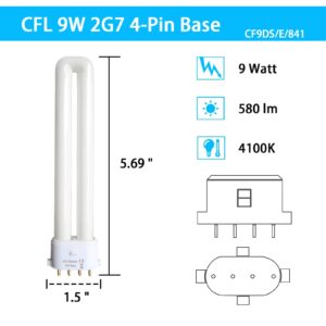 9 Watt 2G7 Base Fluorescent Light Bulb,Replacement for Satco S8365, Kandolite 96500,Coleman Lantern Bulb,Rayovac F9w-1 Light Bulb,CF9DS/E/841,4 Pin 2G7 Base,4100K 2PACK