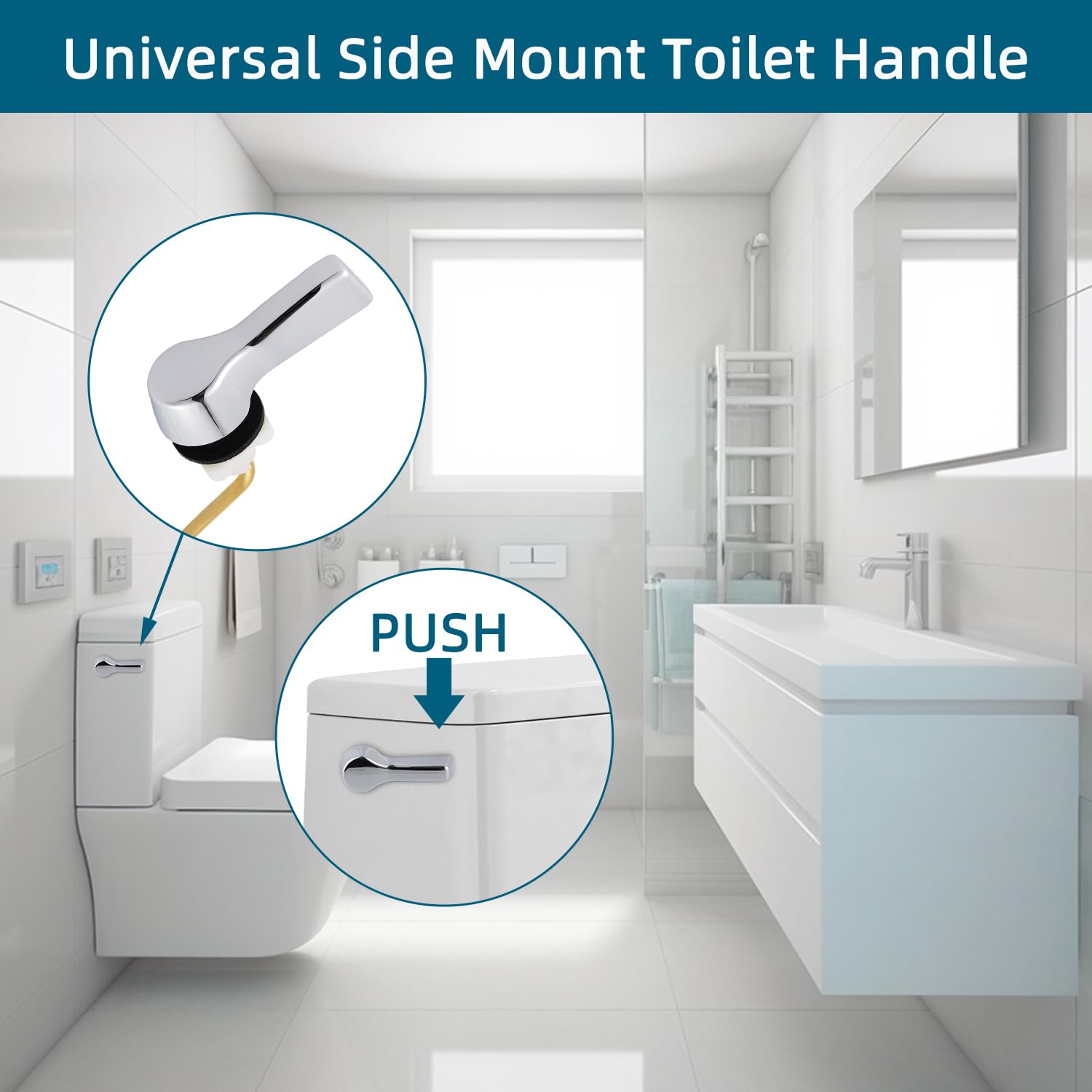 Hygie Rinse Universal Side Mount Toilet Handle Lever Flush Replacement, Toilet Handle with Stainless Steel Flapper Chains, Toilet Repair Kit, Chrome Finish