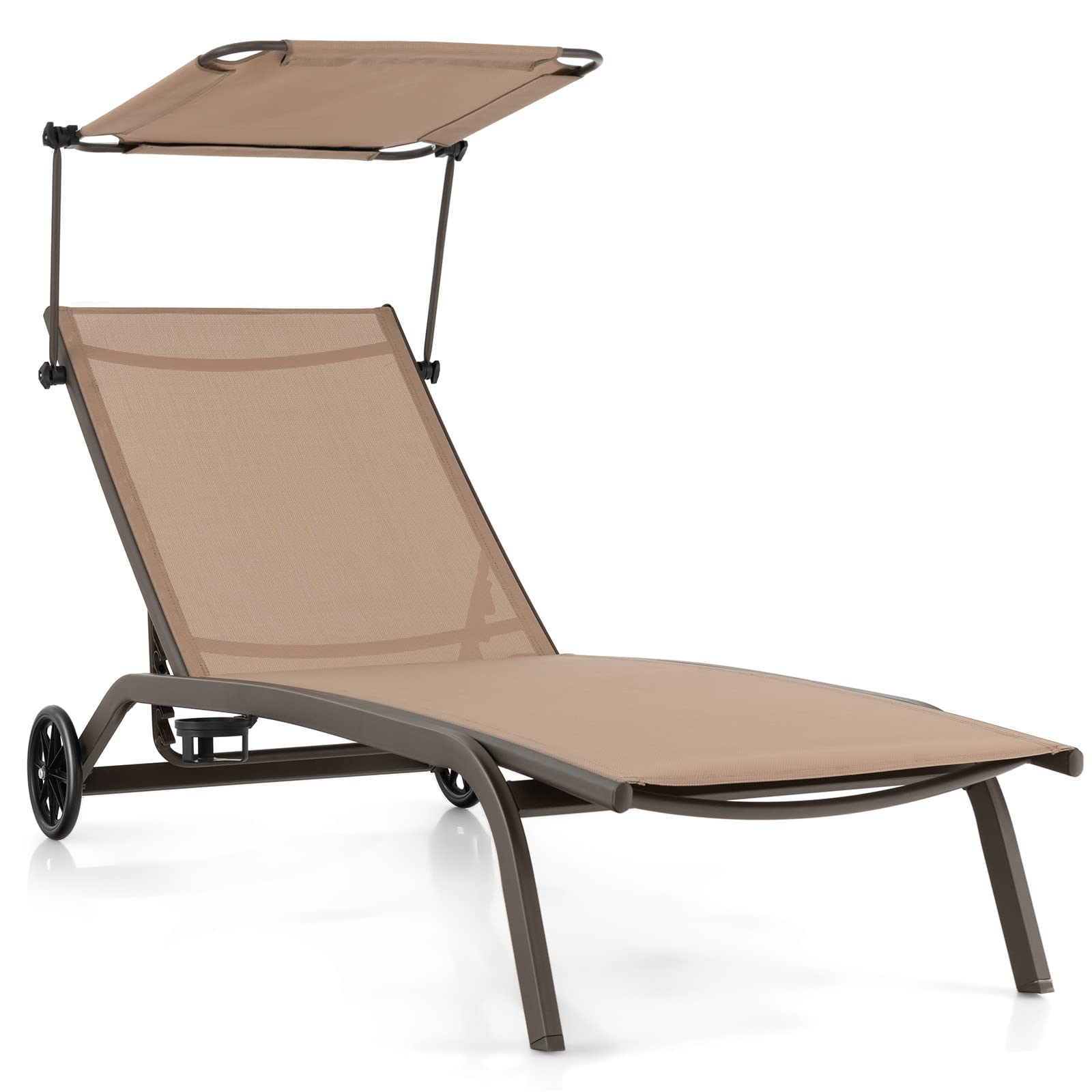 HAPPYGRILL Chaise Lounge with Wheels & Adjustable Canopy Shade, Outdoor Mobile Tanning Chair with Cup Holder, Recliner Chair for Patio Poolside Lawn Beach