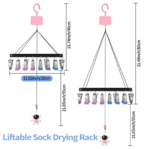 BEIJITA Liftable Sock Drying Rack, Stainless Steel Clothes Drying Hanger with 30 Clips, Socks Hanger Dryer with Swivel Wind-Proof Hook, Laundry Hanger for Socks, Towels, Bras, Lingerie, Baby Clothes