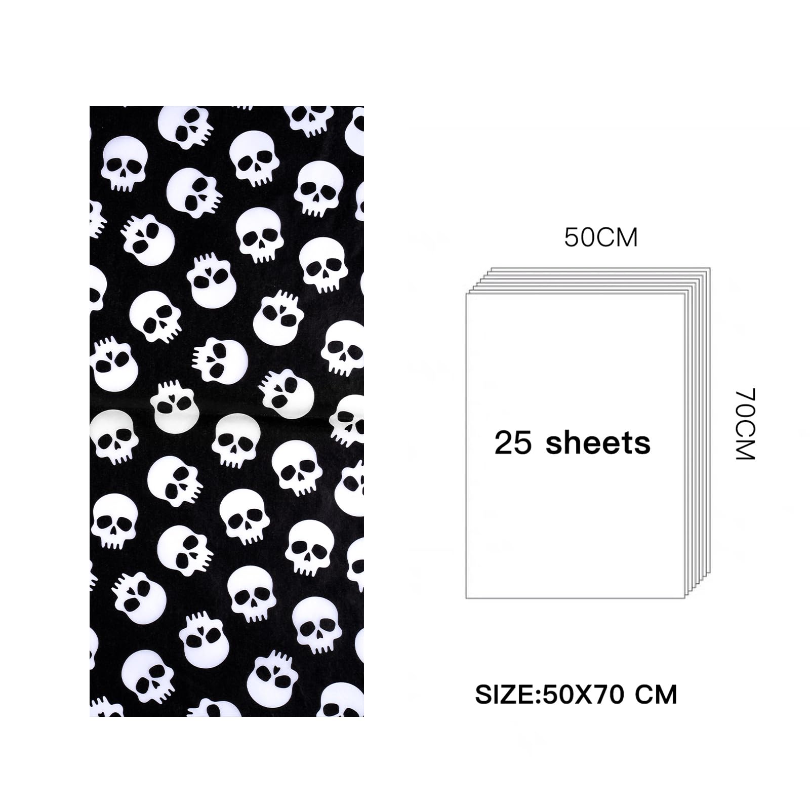 WRAPAHOLIC Halloween Wrapping Tissue Paper - 25 Sheets 19.7x27.5 Inch Black and White Skull Design Bulk for Packing, DIY Crafts