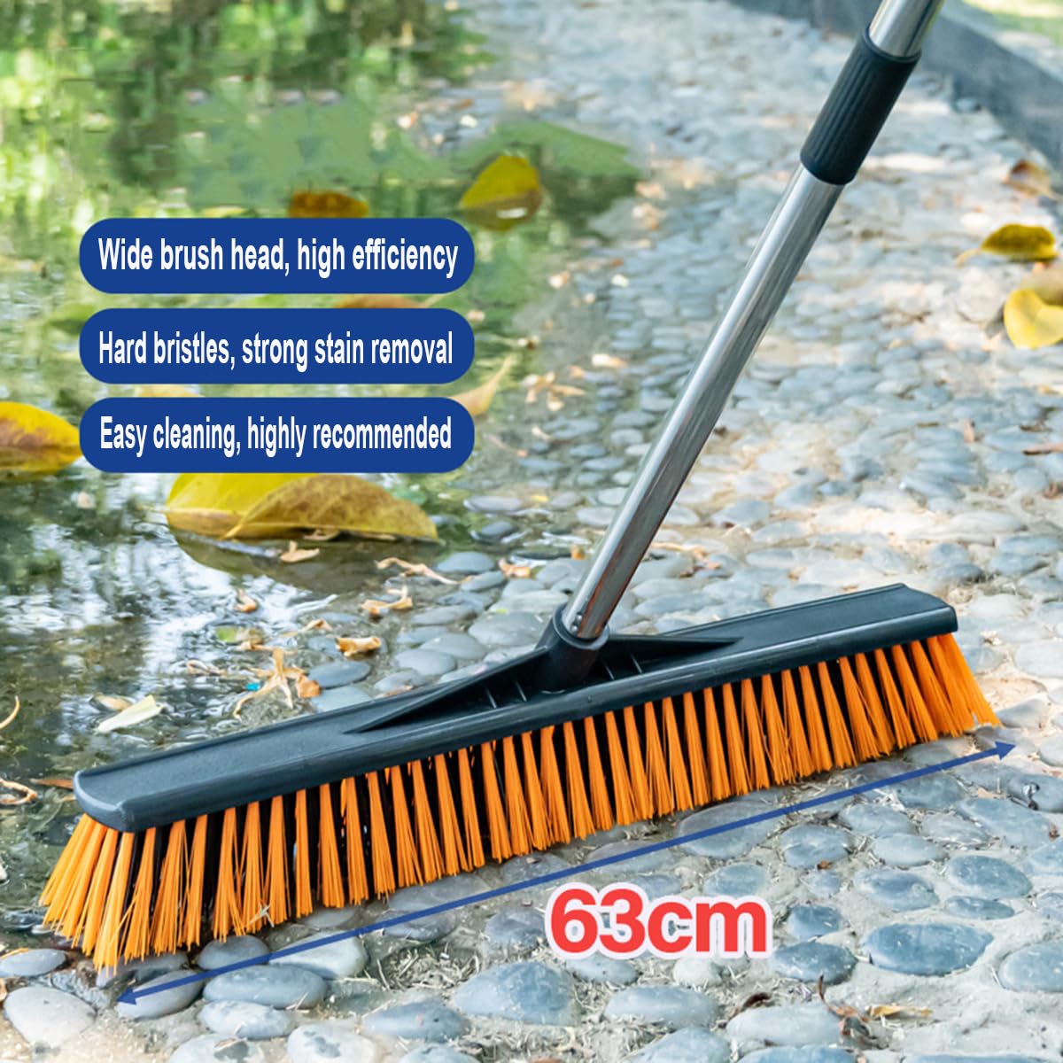 Xifando Heavy-Duty Push Broom Brush - 24" Wide, 65" Long Handle, Stiff Bristles - Perfect for Bathroom, Kitchen, Patio, Garage, Deck, Concrete, Wood, Stone, and Tile Floors (24" Black+Orange)