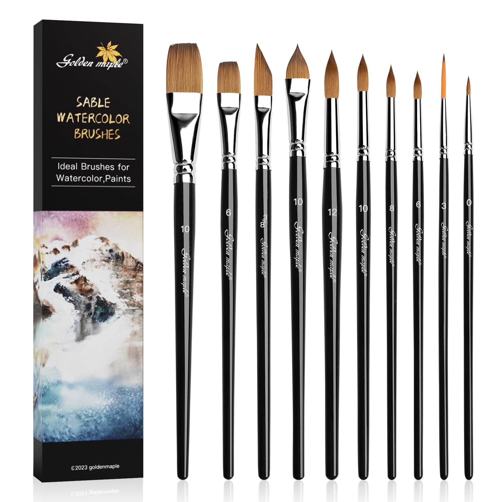 Watercolor Brushes Professional Set, 10 Artist Brushes Watercolor Paint Brushes, Golden Maple Sable Brush Paint Brushes-Round Tip, Flats, Dagger, Oval Wash for Detail Painting, Water Color, Gouache