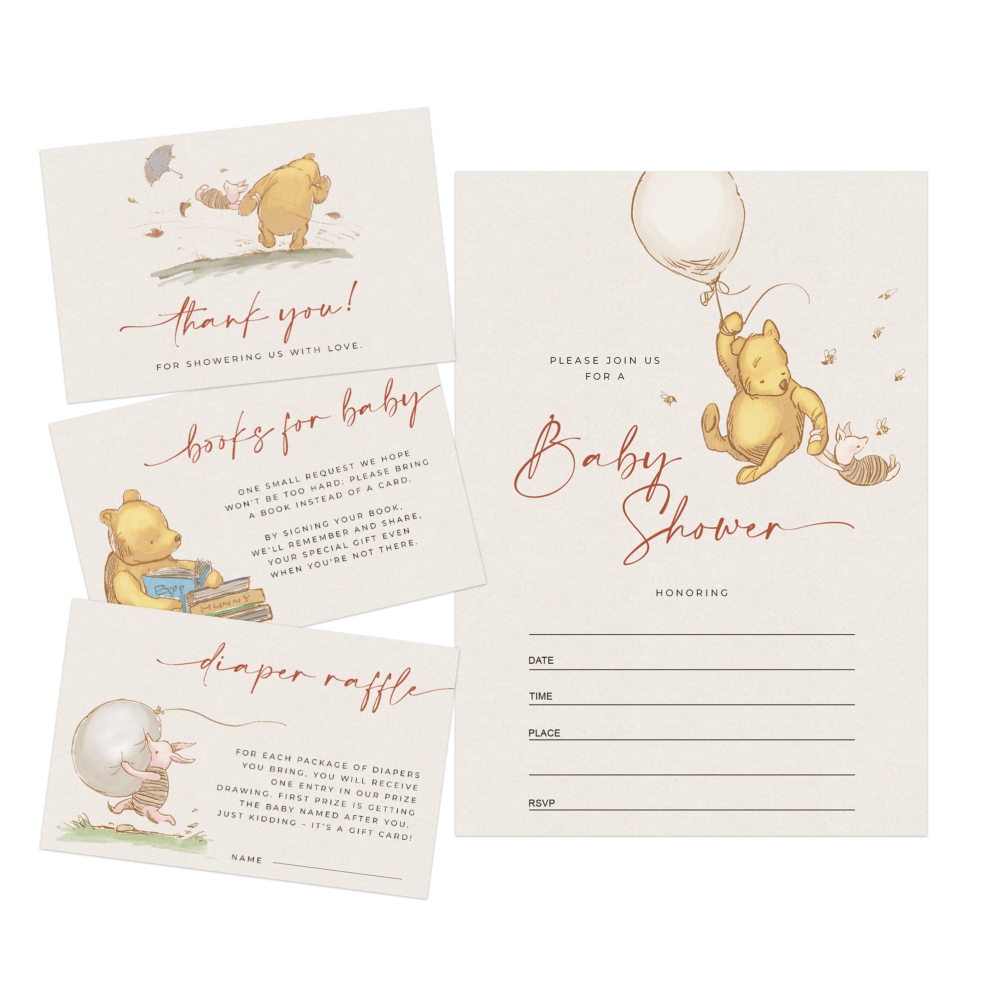 20 Guests Classic Winnie Invitations Baby Shower Pooh Invitation Bundle Pack Cute Addition For Boys Girls 1 St Birthday Include Diaper Raffle Card Book Request Thank you Card