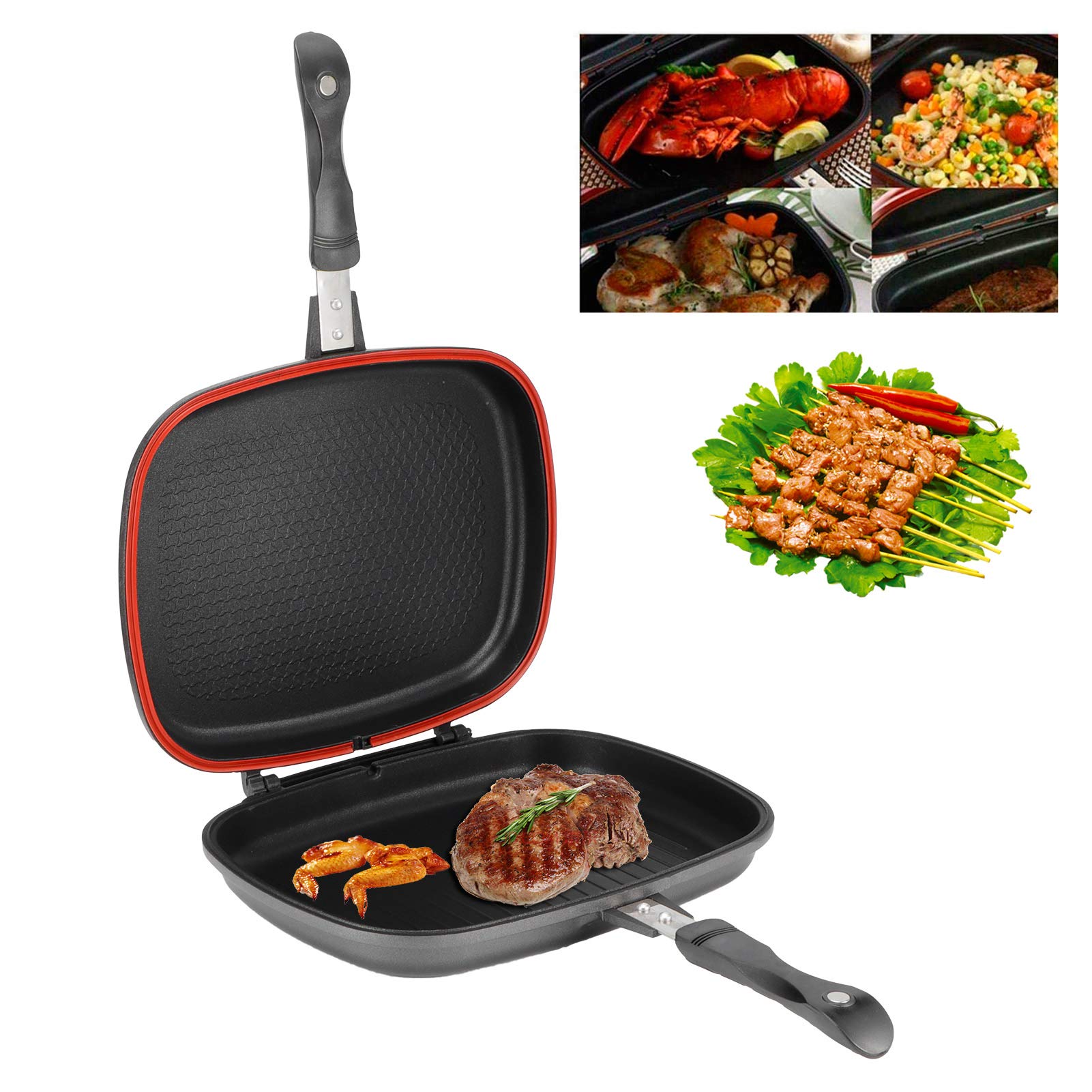 Grill Pan Frying, Antiburn Handle Kitchen Double Sided Pressure Double Side Portable Stove Double Sided Sandwich Baking Supplies Pot 32Cm 12.6In