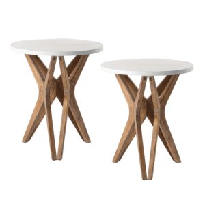 lonyke pedestal farmhouse end table set of 2, distressed top with tripod base bedside table for living room, modern, boho decor, round (2-pack, white & walnut)