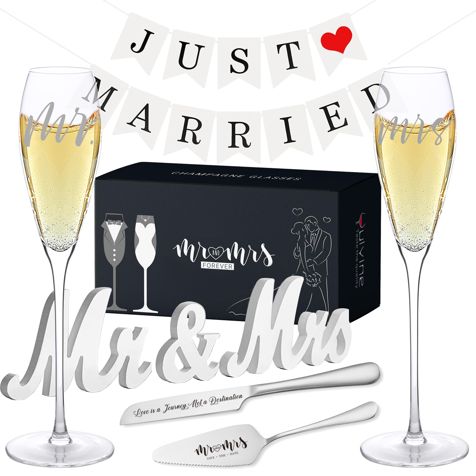 YULVINE Engraved Mr and Mrs Champagne Flutes Wooden Sign,Wedding Toasting Glasses for Bride and Groom,Cake Knife and Server Set Just Married Banner for Couple Reception Ceremony