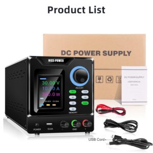 NICE-POWER DC Power Supply Variable 30V 10A, Bench Power Supply with Memory Storage and Encoder Knob, Adjustable Regulated DC Power Supply with Color Display, Output Switch, Lock Button, PC Software