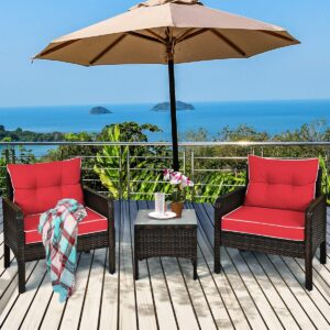 COSTWAY 3PCS Patio Furniture Set, Outdoor Wicker Cushioned Sofa Set with Coffee Table, All Weather Rattan Conversation Set for Garden Balcony Backyard Poolside Lawn, Red