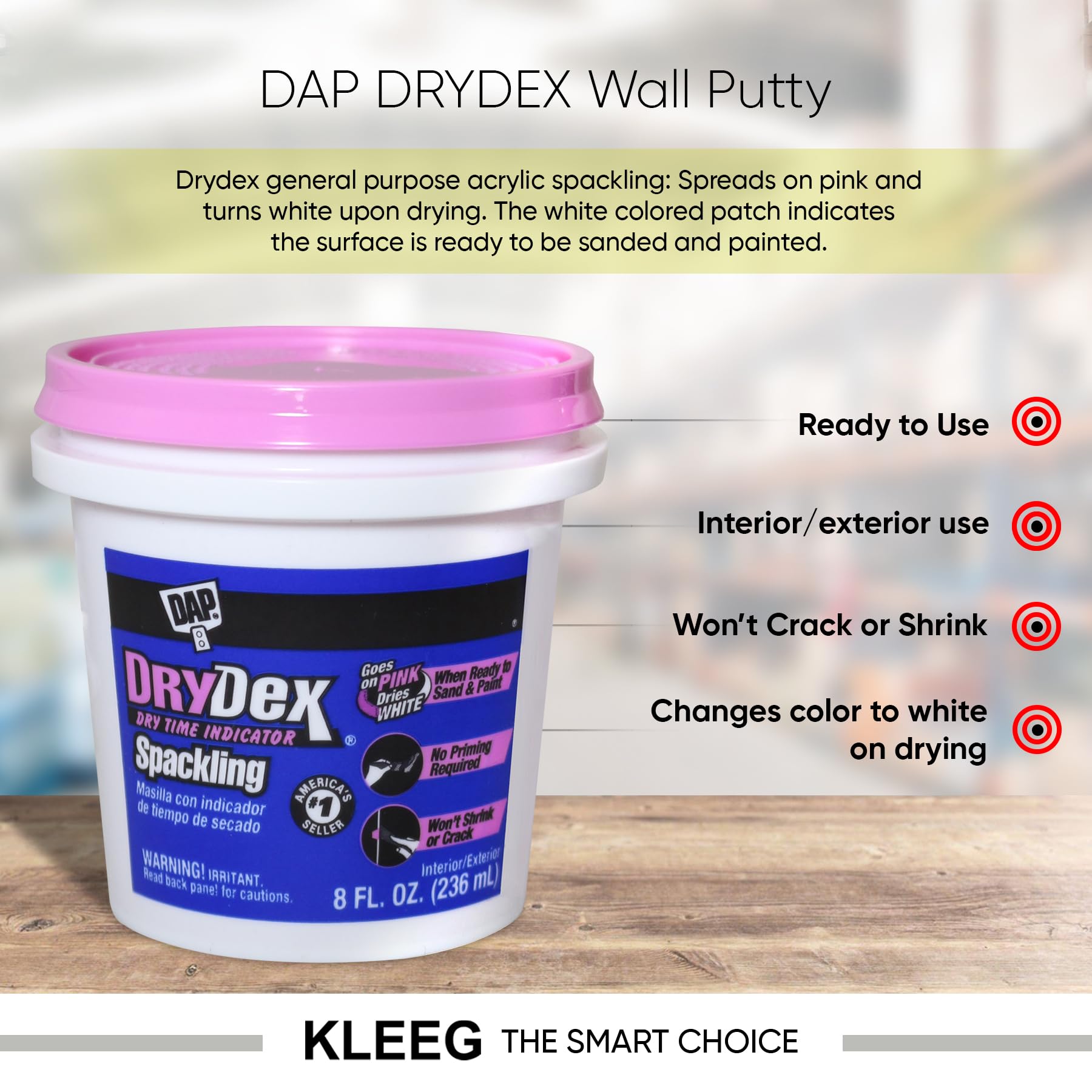 Drywall Repair Kit DAP Drydex - Spackle Patch Wall Joint Compound - Wall Putty - Nail Hole Filler - Plaster Repair + Sanding Block + Drywall Patch Kit - Spackle Wall Repair - Wall Paste KLEEG Packet