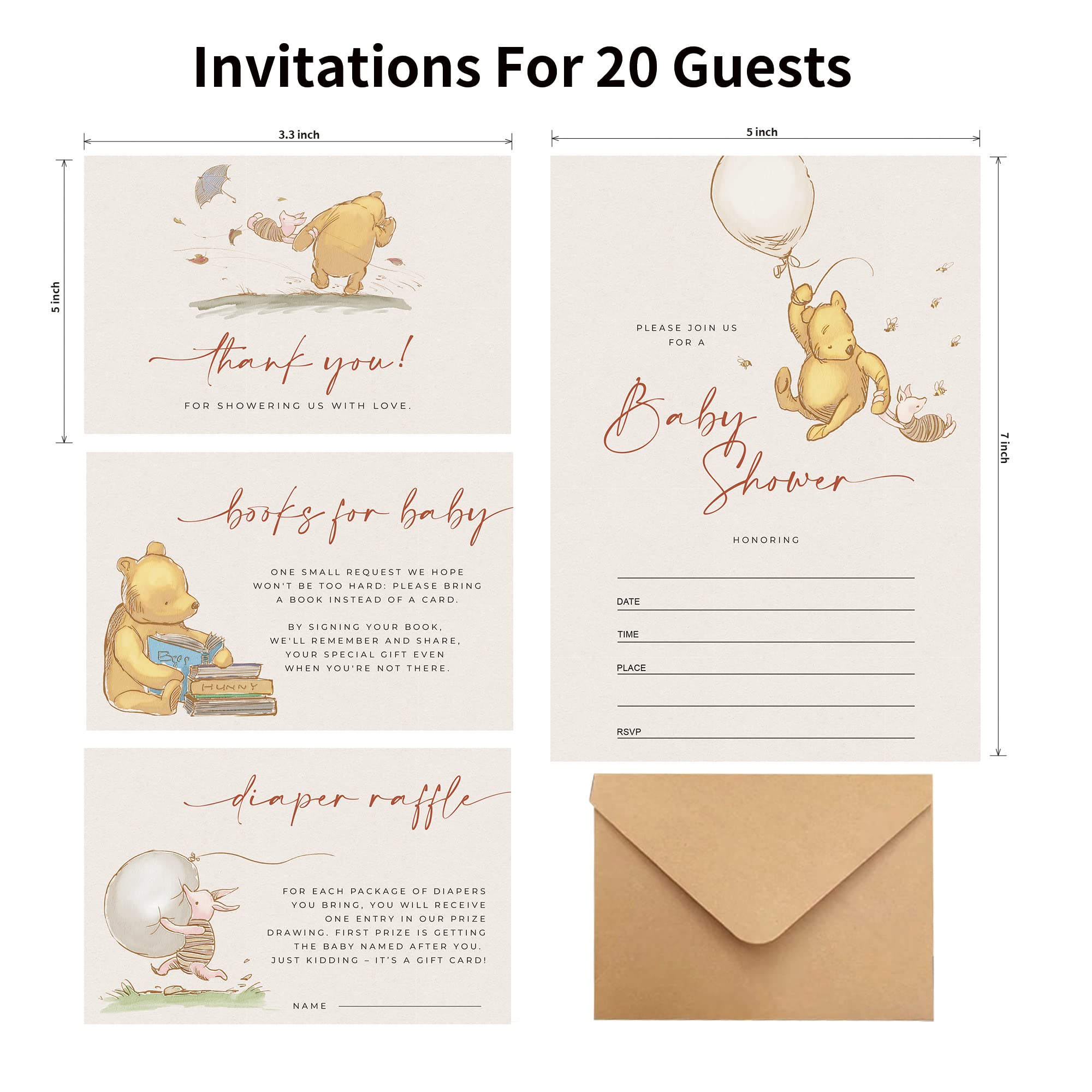 20 Guests Classic Winnie Invitations Baby Shower Pooh Invitation Bundle Pack Cute Addition For Boys Girls 1 St Birthday Include Diaper Raffle Card Book Request Thank you Card