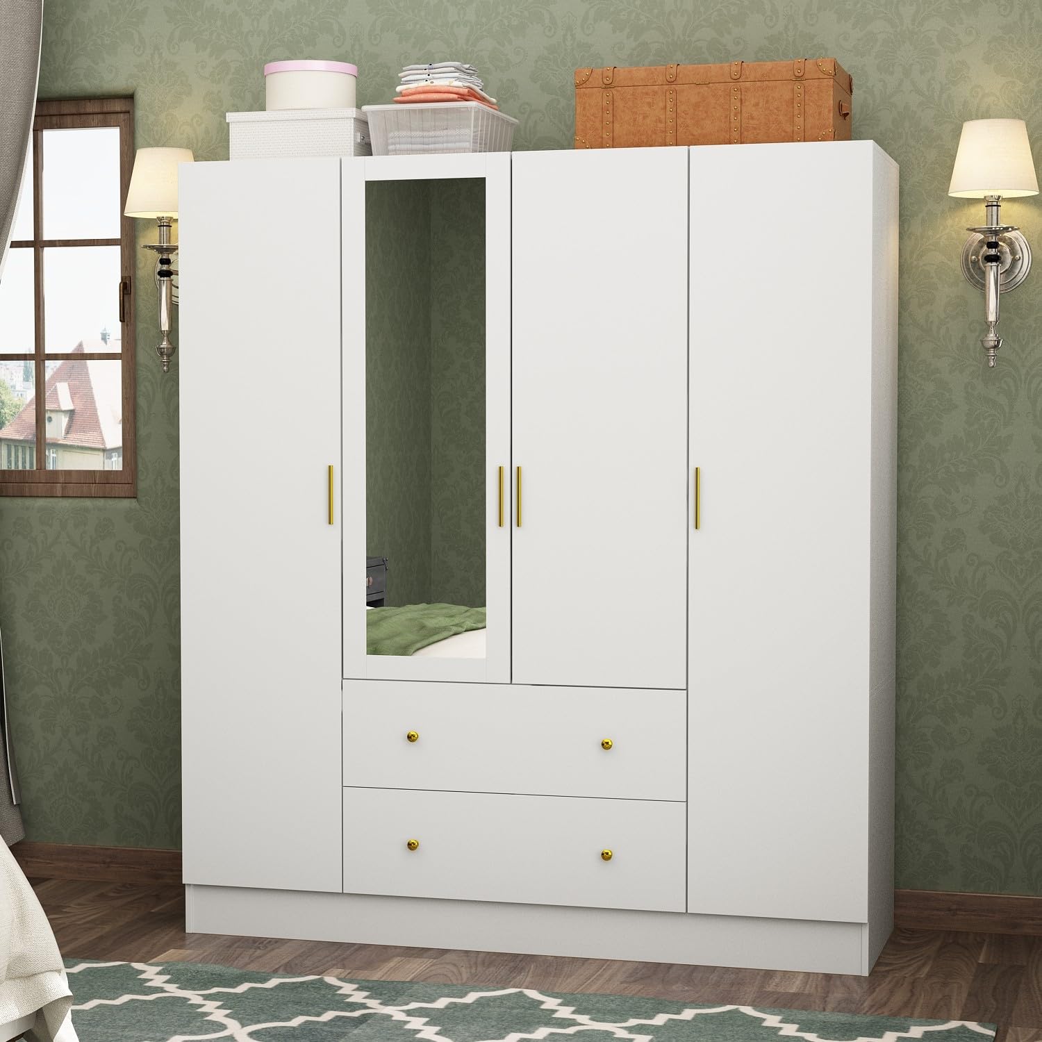 FAMAPY 4-Door Wardrobe Closet with Mirror, Armoires and Wardrobes with Drawers and Shelves, Armoire Wardrobe Closet with Hanging Rod, White (63”W x 19.7”D x 70.9”H)