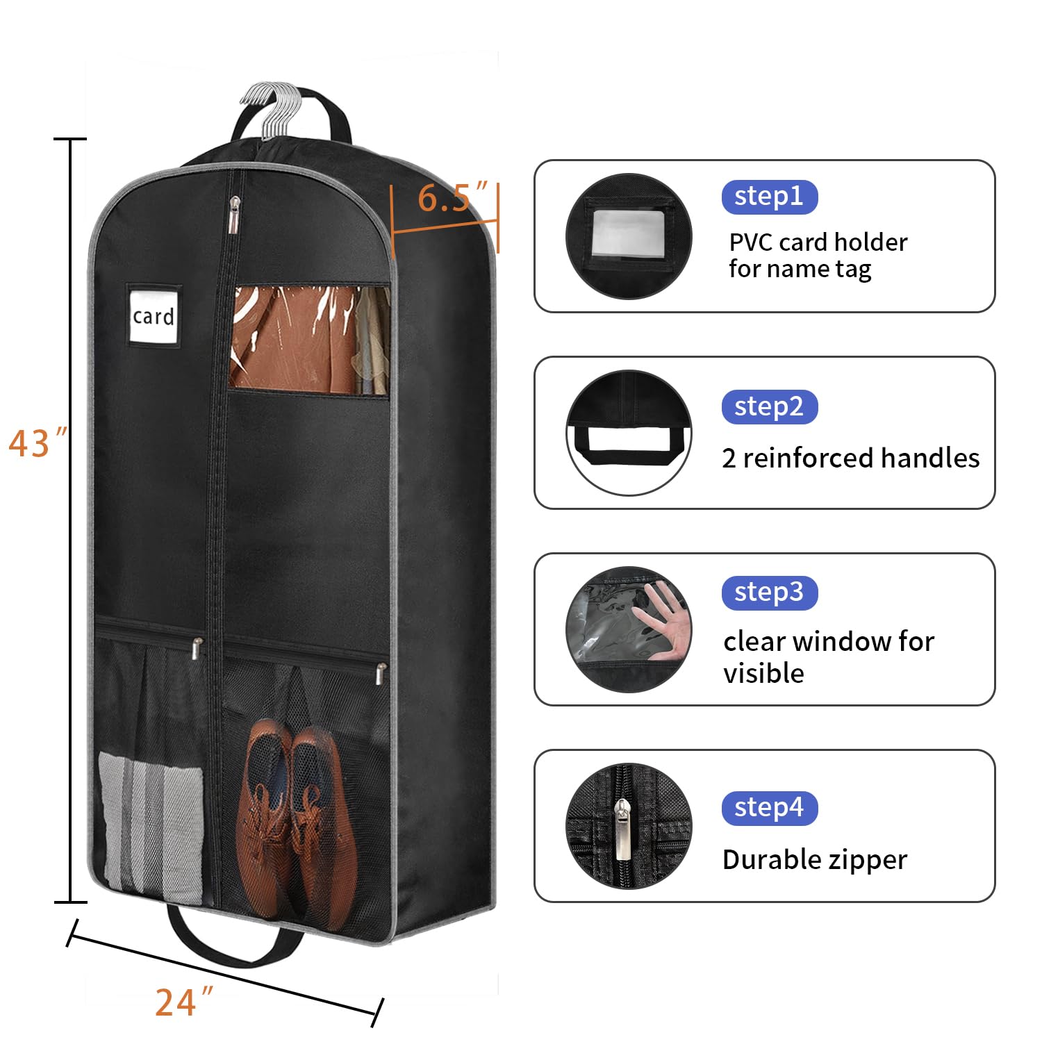 BH7STAR 43" Heavy Duty Garment Bags for Travel 6.5" Gusseted Suit Bags for Closet Storage 2 Handles Hanging Clothes Bag with Pocket Mens Suit Cover for Shirts, Coats, Dresses, Suit Holder, 2 Pack