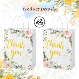 50 Pcs Thank You Gift Bags Floral Design, 8.66x7x3.14" Thank You Kraft Paper Bags with Handle for Wedding, Birthday, Business, Shopping, Baby Showers, Party Favor, Memorial Day, Graduation, Party