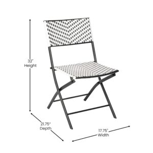 EMMA + OLIVER Ciel Two Piece Folding Bistro Chairs - Black and White PE Rattan - Black Metal Frames - Indoor/Outdoor Use